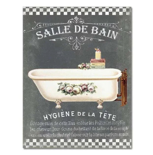 Vintage bathroom poster with a floral clawfoot bathtub and French text decor for toilet wall art