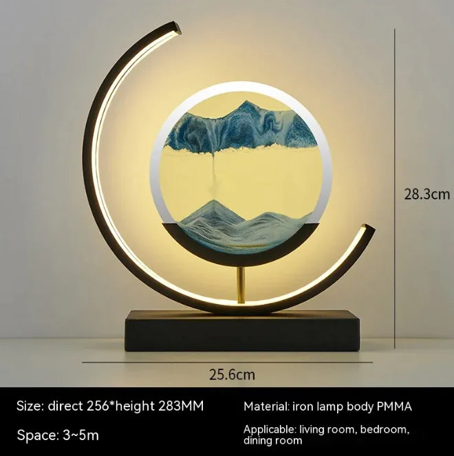 Chinese Style Hourglass Table Lamp with illuminated curved iron frame and blue sand timer centerpiece on black base