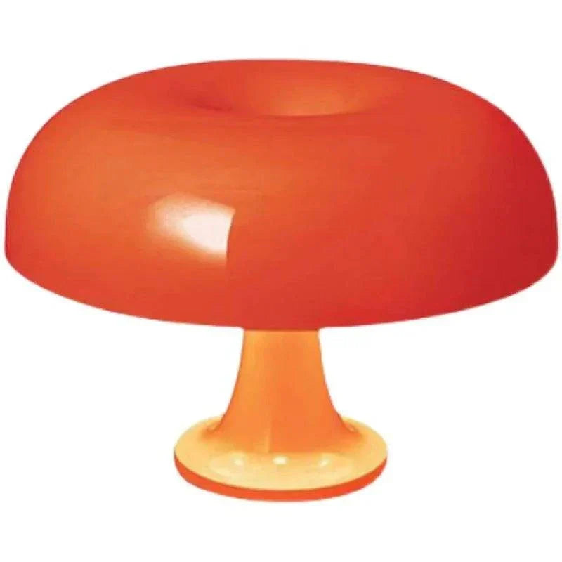 Orange mushroom-shaped table lamp with a glossy acrylic finish and warm LED light