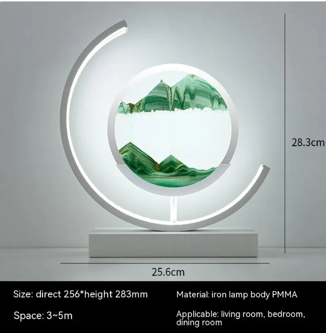Chinese Style Hourglass Table Lamp with green mountain design and circular LED light on white base