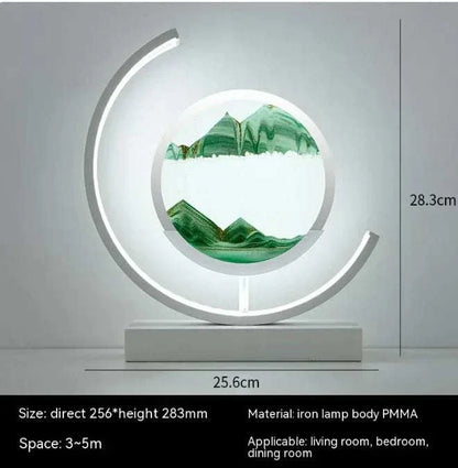 Chinese Style Hourglass Table Lamp with green mountain design, iron body, and ambient LED light, perfect for living room or bedroom decor.